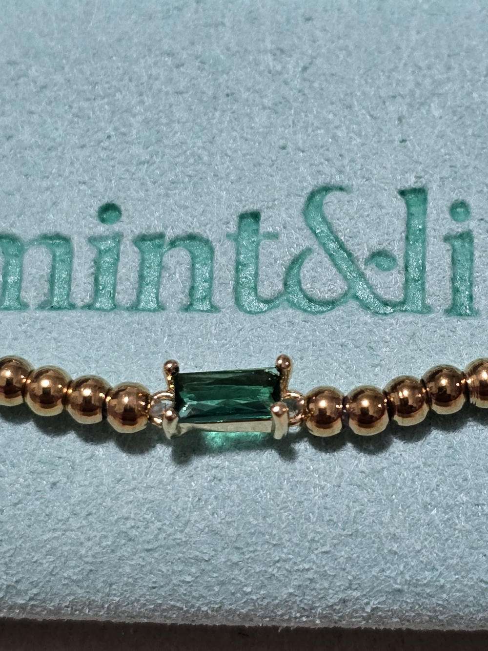 Mint And Lily Gold Bead Bracelet with Emerald Green Baguette Stone ~7" Stretchy
